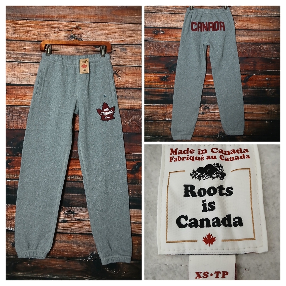 NWT Roots Jogger Sweatpants XS Canada Made Graphic Logo Gray Soft Fleece Lined